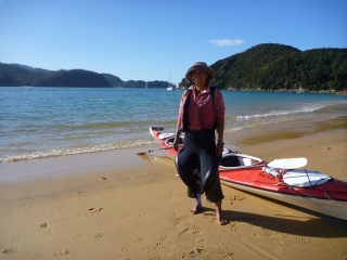 Ready to jump in the kayak. The trendy new skirt is actually a spraydeck to keep water out of the kayak