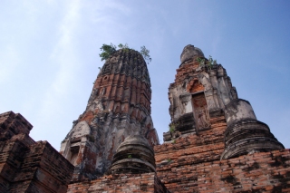 Typical of the Ayutthaya wats (temples), old brick and weathered stucco make evocative ruins
