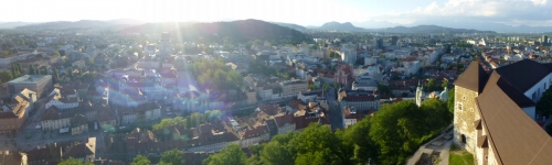 Ljubljana below us, a compact and very green city in the hills