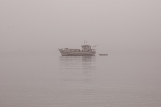 Everything painted in shades of grey, thick fog on the island of Quinchao