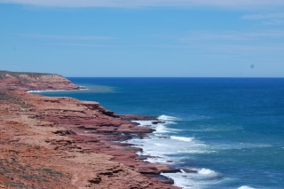 The red sandstone cliffs of the coast at Kalbarri, a good contrast with the blues of sky and sea