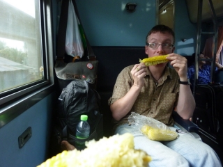 Corn on the cob! On the train. Just 80p for 4 cobs, and then ten more hours of travel time to enjoy picking the bits between your teeth