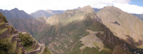 Machu Picchu perches high above the steep valley below, but Wayna Picchu perches even higher above Machu Picchu