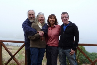 Cheerful at Chepu in Chile, enjoying Amory's home cooking and otter-watching