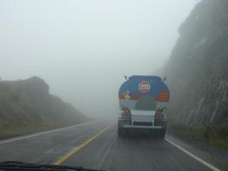 Foggy mountain road - an Ecuadorian driver would see this as the perfect place to overtake, after all there are no oncoming cars visible!